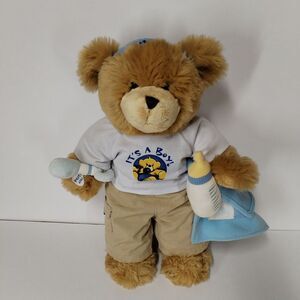 Build A Bear Blue Brown Bear With It's A Boy Shirt Blanket Bottle Hat Rattle‎